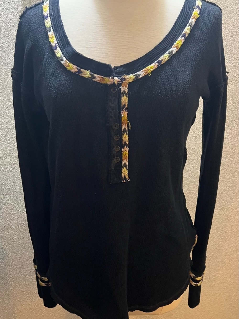 We The Free Black Long-Sleeve Henley with Braided Trim